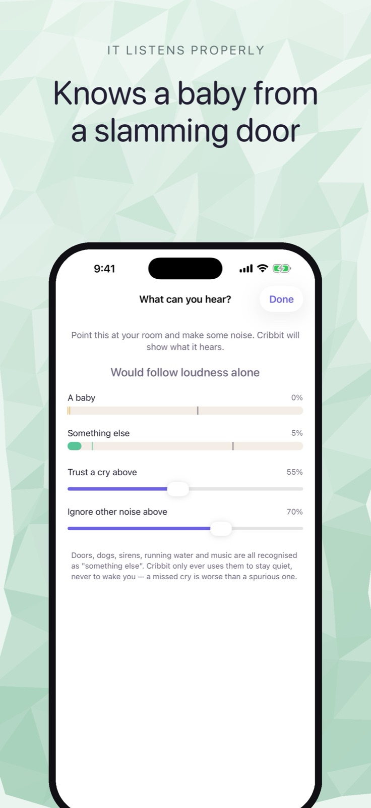 Cribbit's 'What can you hear?' screen showing what the sound classifier detects against adjustable thresholds