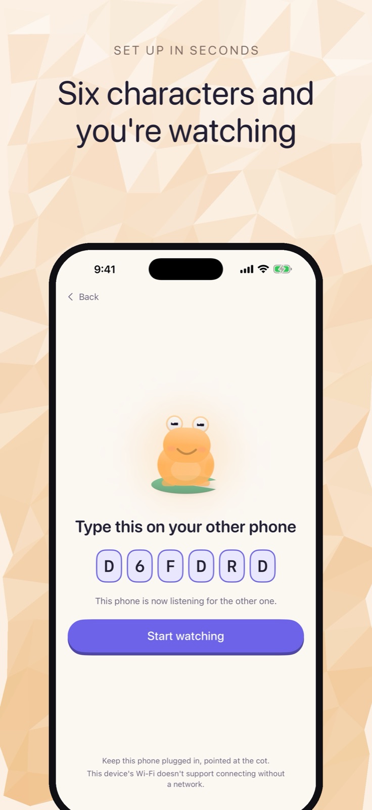 Cribbit's pairing screen with a six-character code to type on the other phone