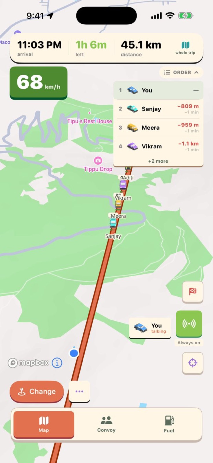 DriveStream's convoy map with the walkie-talkie on and "You talking" visible