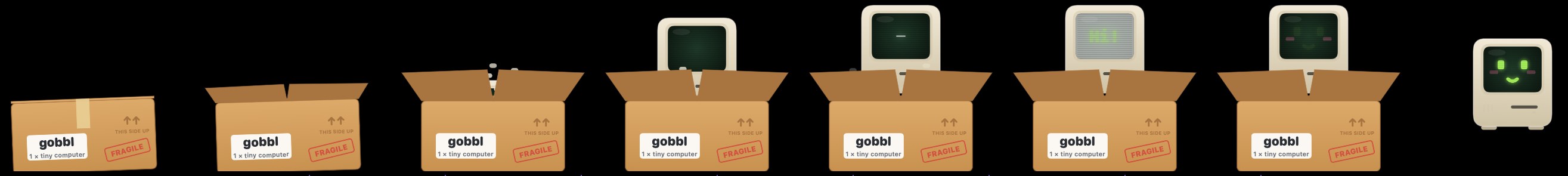 The unboxing, frame by frame: a closed Gobbl box, the flaps opening, the computer rising, its screen switching on and saying hi, and Gob free of the box