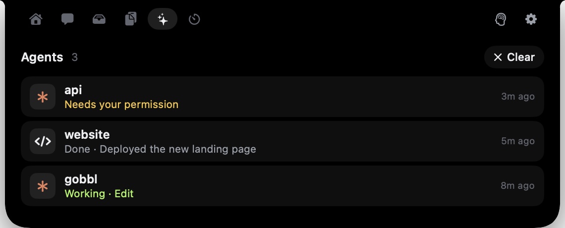 Gobbl's Agents tab with three coding-agent sessions: one needing permission, one done and one working
