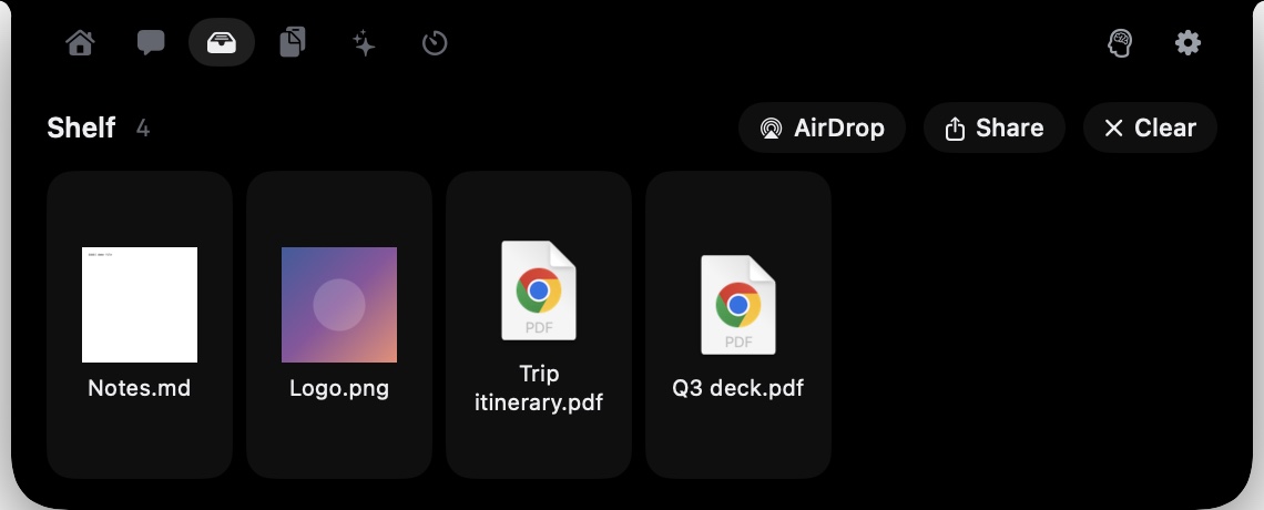 Gobbl's file shelf with four dropped files and AirDrop, Share and Clear buttons