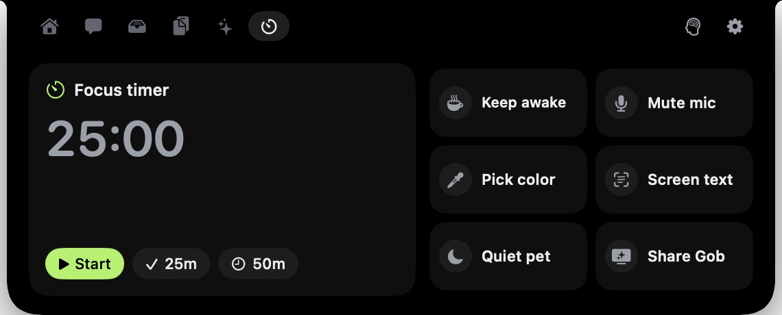 Gobbl's tools tab with a focus timer, keep awake, mute mic, colour picker, screen text, quiet pet and share Gob controls.
