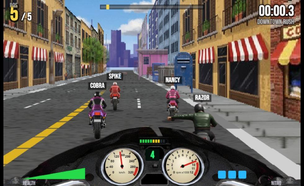 Road Rush's Downtown Rush track from the rider's seat, with a rival throwing a punch and textured shop fronts on both sides
