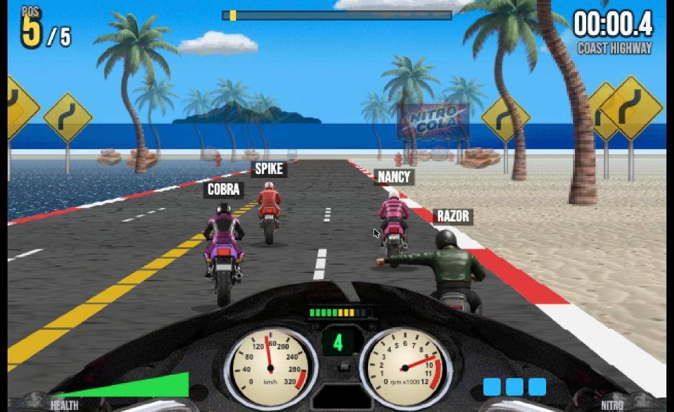 Road Rush's coast track with palm trees, the sea on the left and four rivals ahead