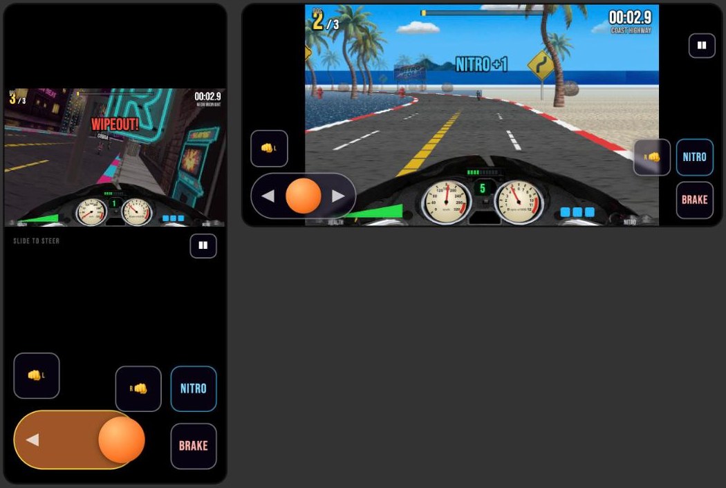 The game in two phone-sized frames: upright with a controller under the race, and sideways with controls in the side bars
