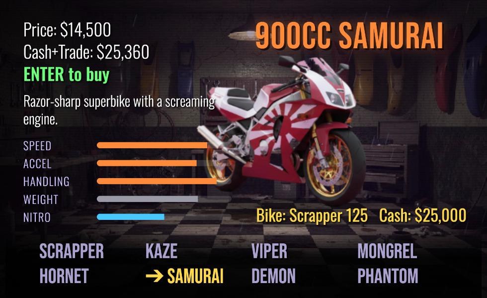 The bike shop showing a red and white 900cc Samurai with its price, Cash+Trade total and stat bars