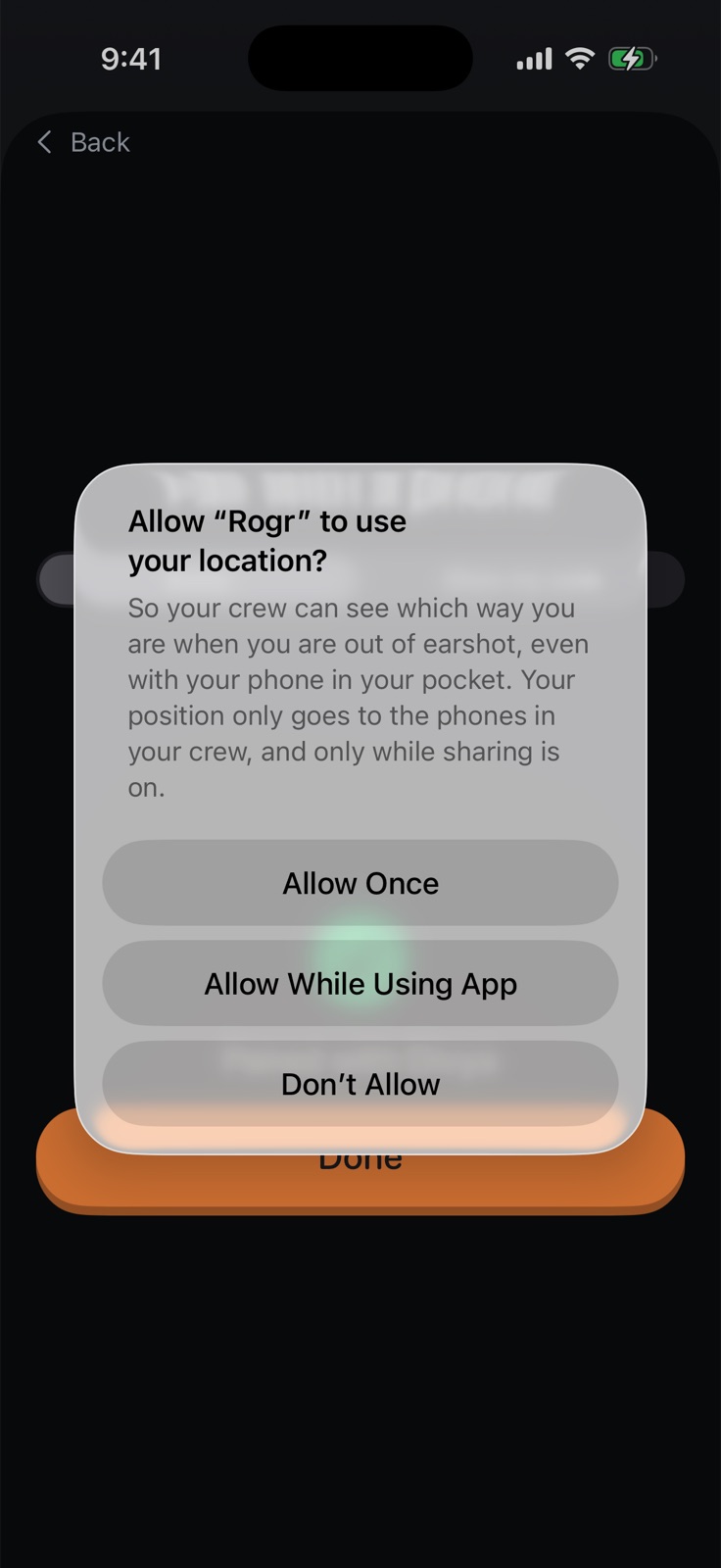 Rogr's location permission prompt explaining that location is used to point a compass at crew members