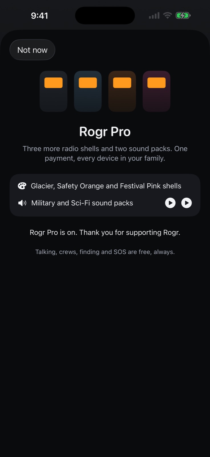 The Rogr Pro sheet showing three radio shells and sound pack options