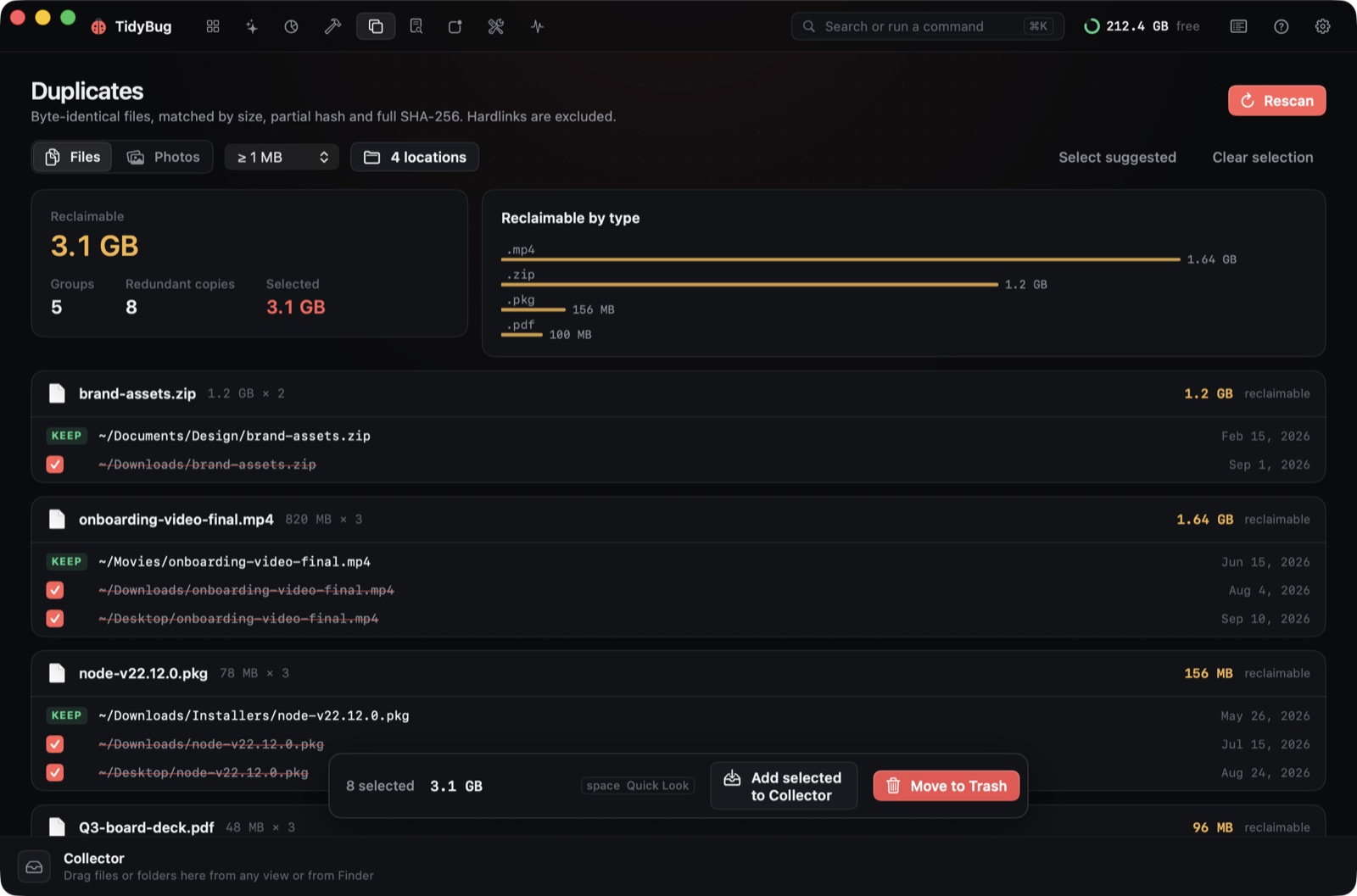 TidyBug's Duplicates view: byte-identical file groups with a suggested copy to keep