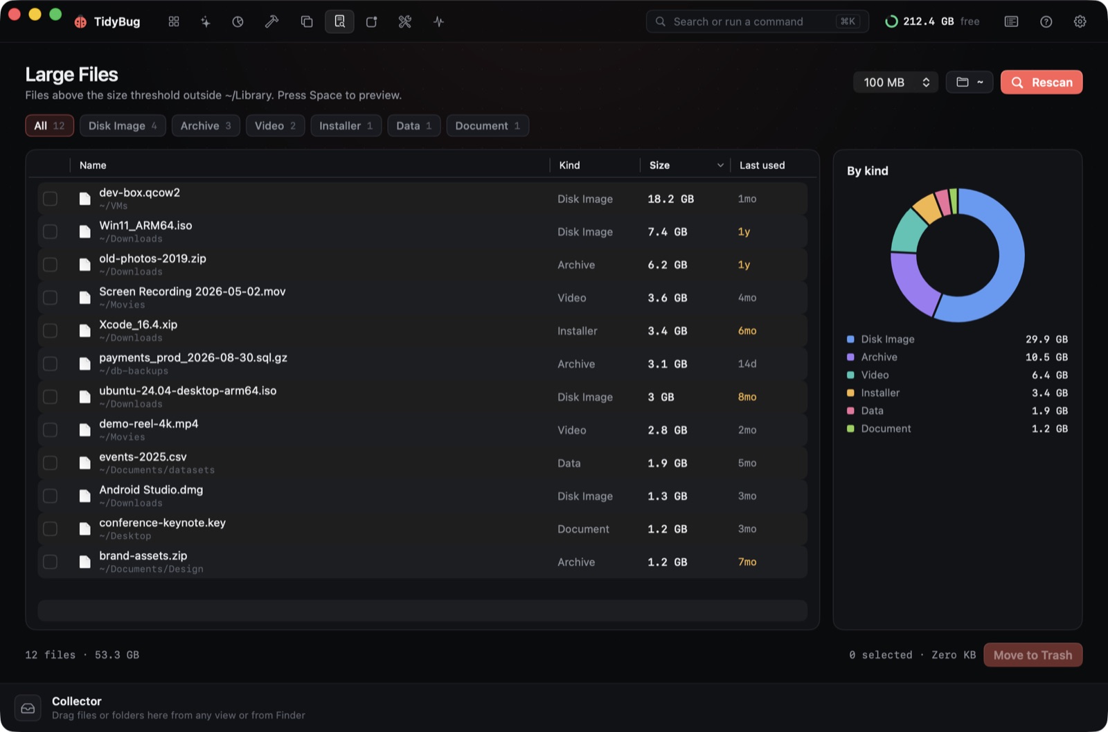 TidyBug's Large Files view, showing files filtered by size and last modified date