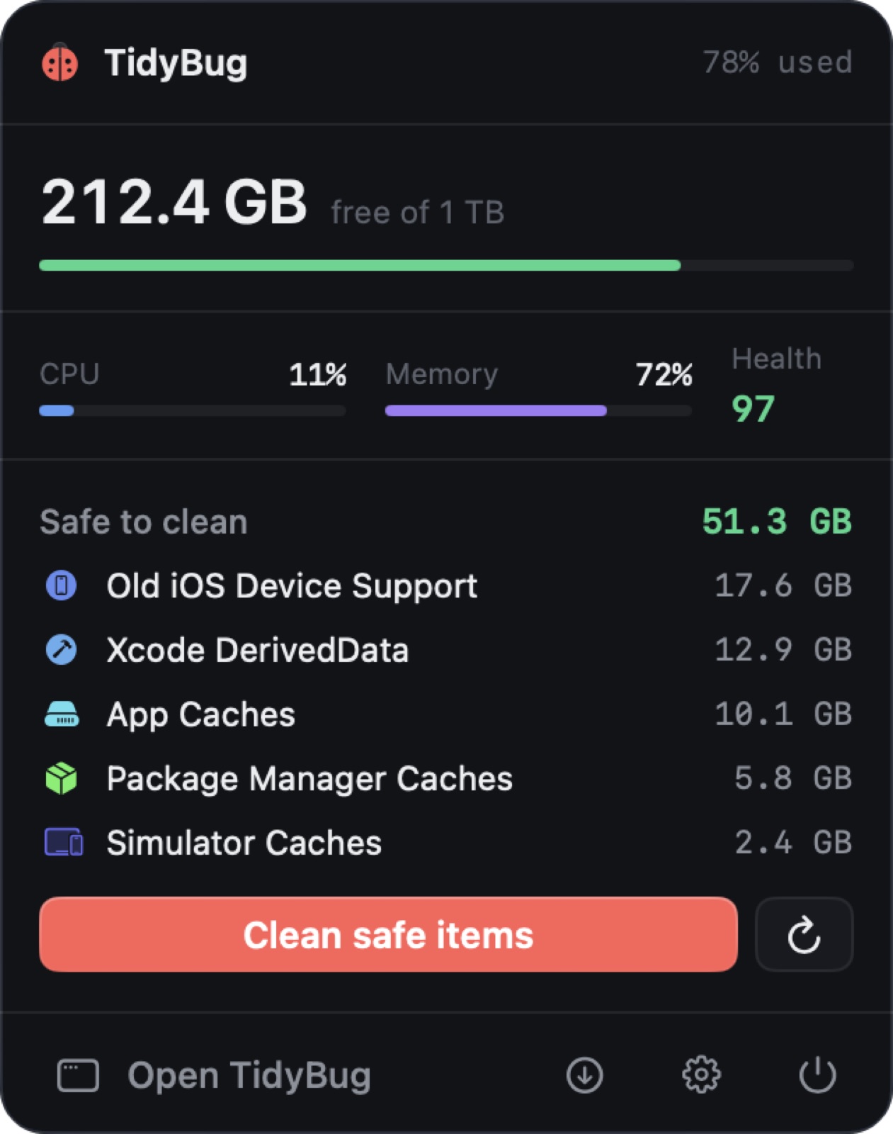TidyBug's menu bar extra showing free space, CPU and memory, with a one-click clean button