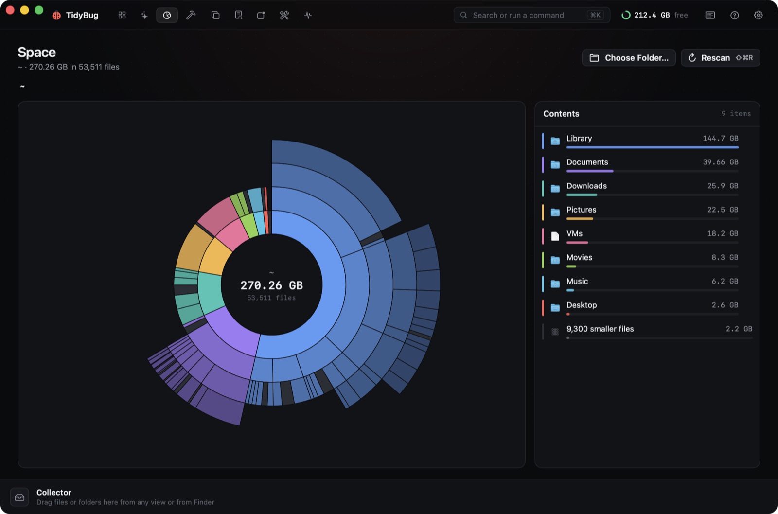 TidyBug's Space view: an interactive sunburst of the home folder, with a contents list